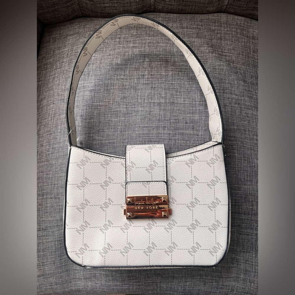 Nicole Miller NY TOP Shoulder Purse Bone White / Black outline gray initials.